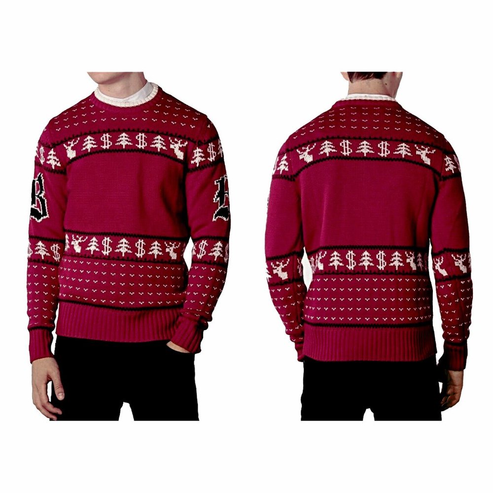 NEW $900 Brioni Sweater! e 54  Large  Red With Holiday Design Xmas Tree Reindeer